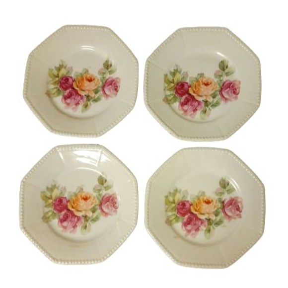 Unmarked Other - Vintage Set of 4 Small Octagon Plates Germany 215 White Multicolor Floral Roses